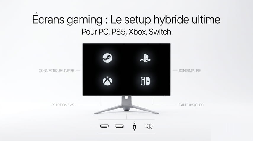 Couverture de l'article : Ecrans gaming en 2026 : brancher PC, PS5, Xbox et Switch sur le même écran