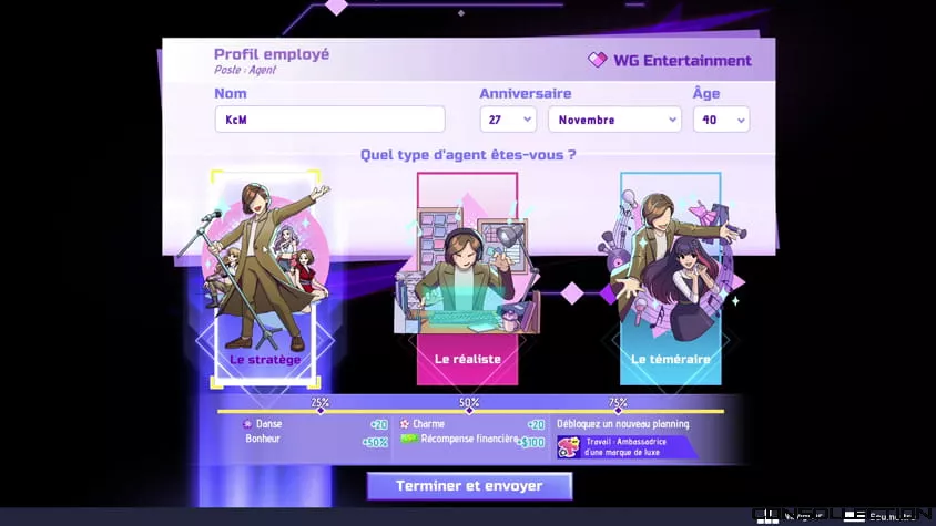 Écran de sélection du manager montrant les différents profils et leurs statistiques dans K-Pop Idol Stories