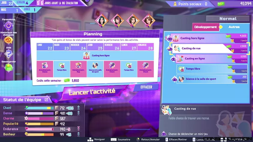 Interface de gestion du planning hebdomadaire des idols dans K-Pop Idol Stories