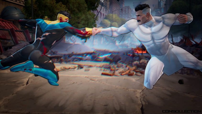 L'affrontement central entre Omni-Man le p&egrave;re contre Invincible, le fils
