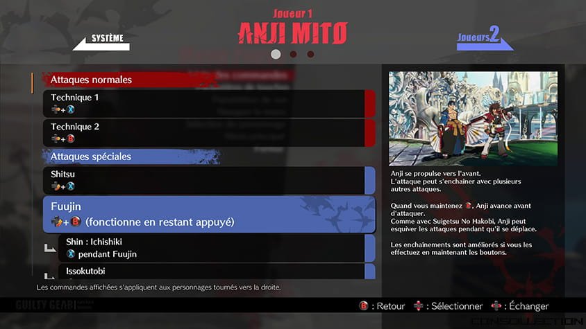 Le mode dojo et la traditionnelle liste de coups sp&eacute;ciaux &agrave; apprendre
