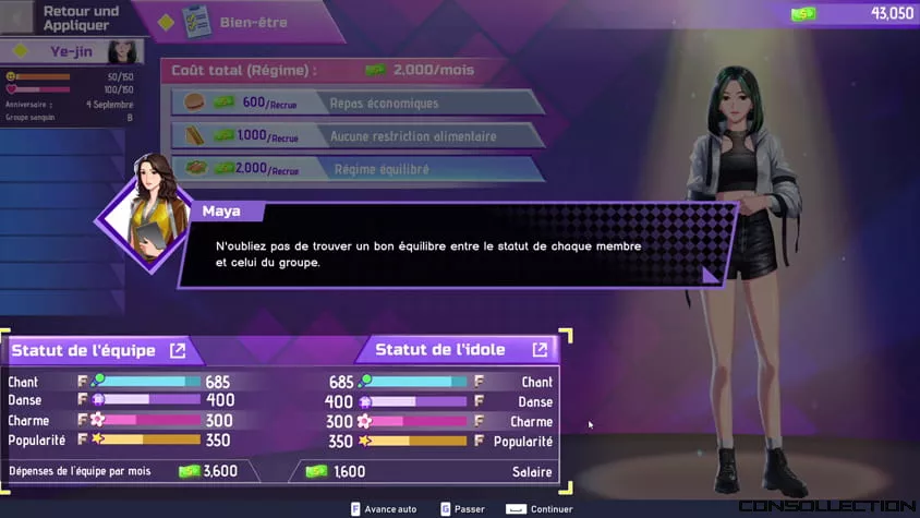 Tous les aspects de la vie de l'Idol sont paramétrables