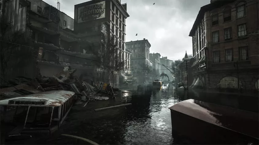 Une carcasse de baleine échouée au milieu des rues noyées d'Arkham : une ambiance très Innsmouth